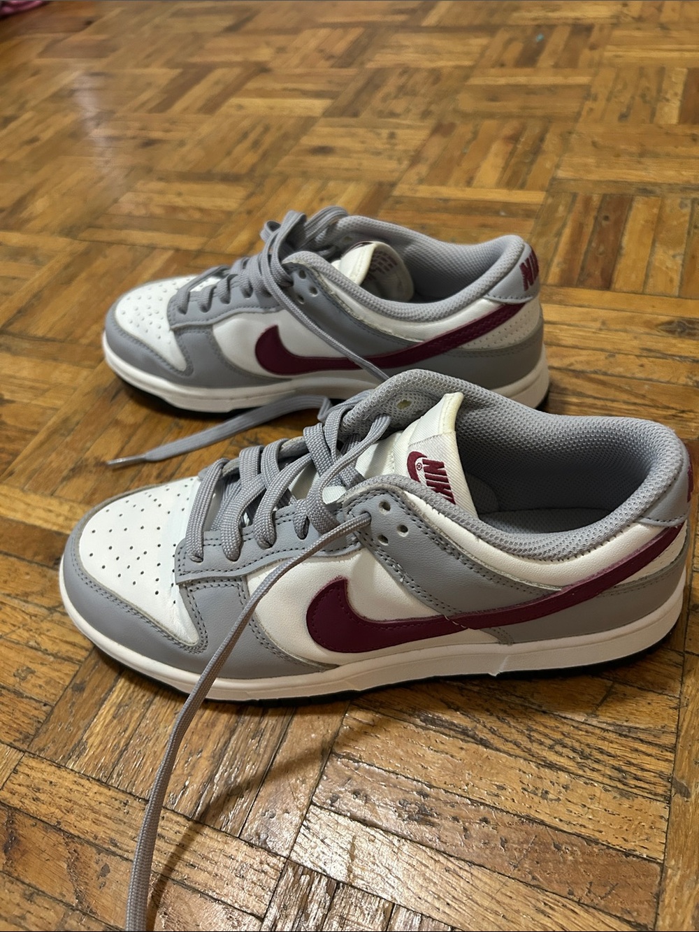 Nike Women’s Dunk Low Sneakers - Gray & Burgundy Swoosh
